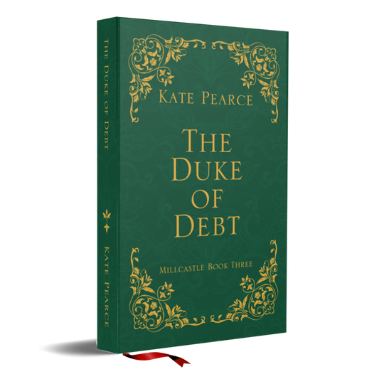 Book titled 'The Duke of Debt' by Kate Pearce with decorative gold text on a green background