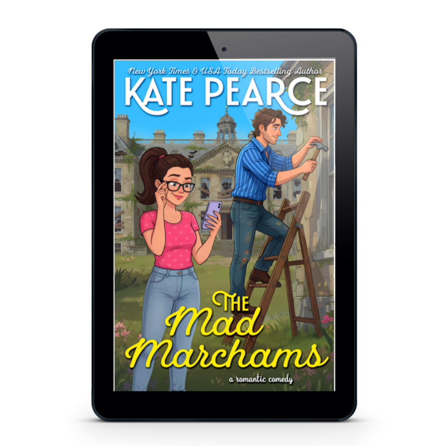 A black tablet device centered on a light gray background, displaying a book cover for "The Mad Marchams" by Kate Pearce. The cover art shows an illustrated woman in a pink top and blue jeans standing beside a man painting a wall on a ladder, with a large stone building in the background.