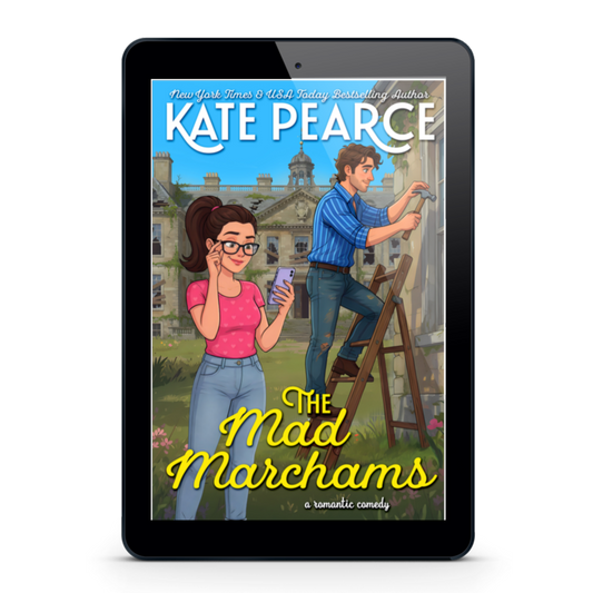 A black tablet device centered on a light gray background, displaying a book cover for "The Mad Marchams" by Kate Pearce. The cover art shows an illustrated woman in a pink top and blue jeans standing beside a man painting a wall on a ladder, with a large stone building in the background.